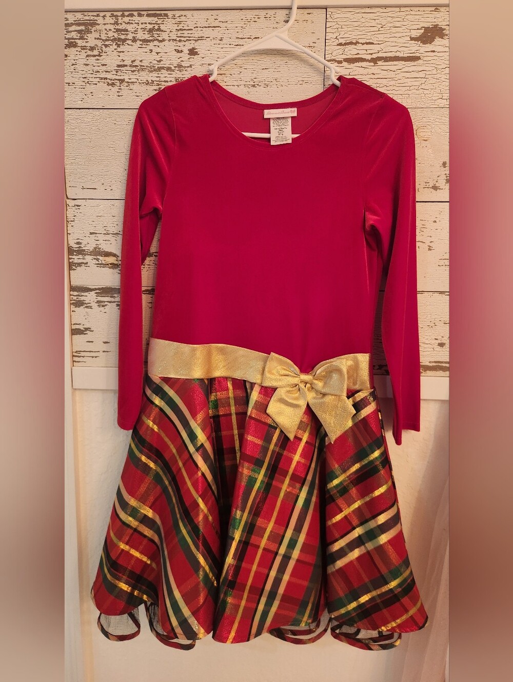 Bonnie Jean Red Velvet Top Plaid Skirt Dress with Gold Bow